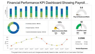 Financial performance kpi dashboard showing payroll headcount ratio cost per lead