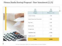 Fitness studio startup proposal your investment l2228 ppt powerpoint templates