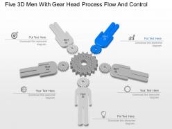 Five 3d men with gear head process flow and control powerpoint template slide