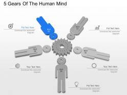 Five 3d men with gear head process flow and control powerpoint template slide