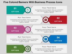 Five colored banners with business process icons flat powerpoint design