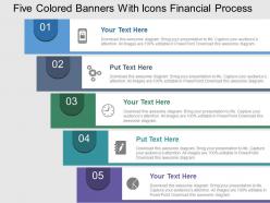 Five colored banners with icons financial process flat powerpoint design