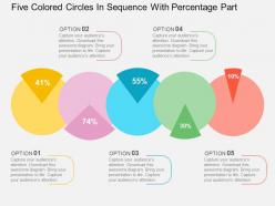 Five colored circles in sequence with percentage part flat powerpoint design
