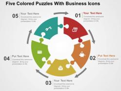Five colored puzzles with business icons flat powerpoint design