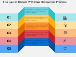 Five colored ribbons with icons management practices flat powerpoint design