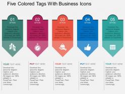 Five colored tags with business icons flat powerpoint design