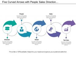 Five curved arrows with people sales direction and global icons