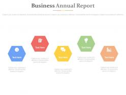 Five hexagons with business annual report powerpoint slides