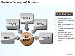 Five new concepts of business shown by shiny text boxes and arrows powerpoint templates 0712