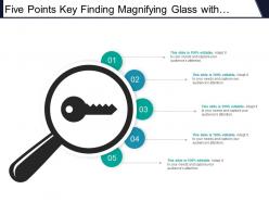 Five points key finding magnifying glass with key icon