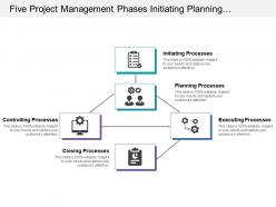 Five project management phases initiating planning and executing processes with icons