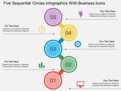 Five sequential circles infographics with business icons flat powerpoint design