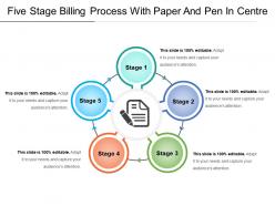 Five stage billing process with paper and pen in centre