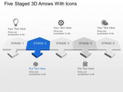 Five staged 3d arrows with icons powerpoint template slide