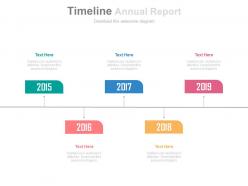 Five staged annual report with year based tags powerpoint slides