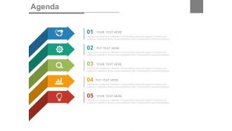 Five staged arrows and icons for business agenda powerpoint slides