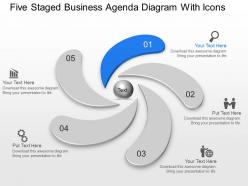 Five staged business agenda diagram with icons powerpoint template slide