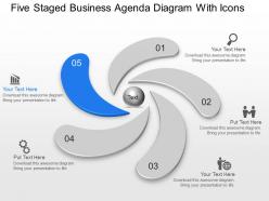 Five staged business agenda diagram with icons powerpoint template slide