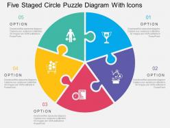 Five staged circle puzzle diagram with icons flat powerpoint design