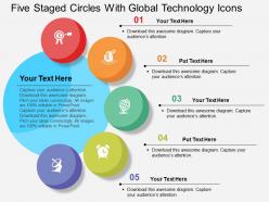 Five staged circles with global technology icons flat powerpoint design