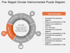 Five staged circular interconnected puzzle diagram flat powerpoint design