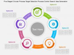 Five staged circular process target selection process control search idea generation flat ppt design