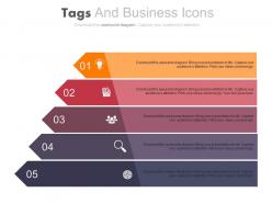 Five staged colored tags and business icons powerpoint slides