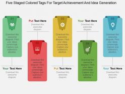 Five staged colored tags for target achievement and idea generation flat powerpoint design