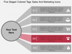 Five staged colored tags sales and marketing icons flat powerpoint design