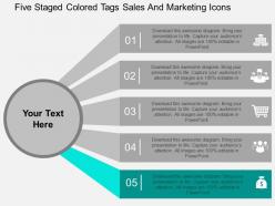 Five staged colored tags sales and marketing icons flat powerpoint design