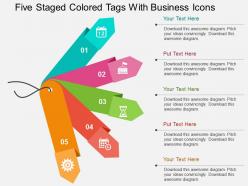 Five staged colored tags with business icons flat powerpoint design