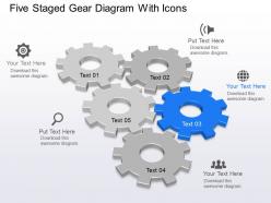 Five staged gear diagram with icons powerpoint template slide
