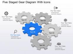 Five staged gear diagram with icons powerpoint template slide