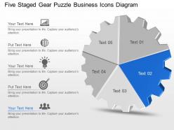 Five staged gear puzzle business icons diagram powerpoint template slide