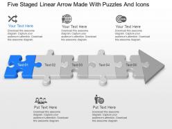 Five staged linear arrow made with puzzles and icons powerpoint template slide