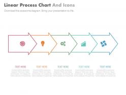 Five staged linear process chart and icons powerpoint slides
