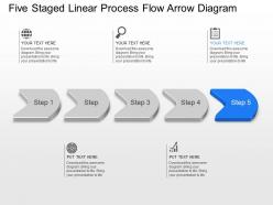 Five staged linear process flow arrow diagram powerpoint template slide