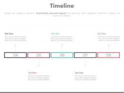 Five staged linear timeline with years powerpoint slides