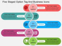 Five staged option tag and business icons flat powerpoint design