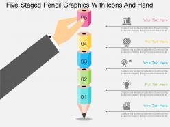 Five staged pencil graphics with icons and hand flat powerpoint design