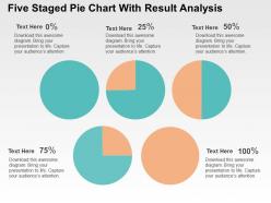 Five staged pie chart with result analysis powerpoint slides