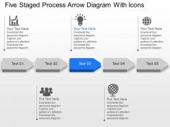 Five staged process arrow diagram with icons powerpoint template slide