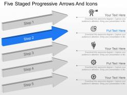 Five staged progressive arrows and icons powerpoint template slide