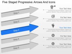 Five staged progressive arrows and icons powerpoint template slide
