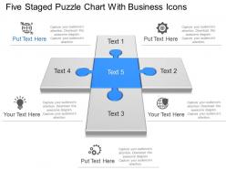 Five staged puzzle chart with business icons powerpoint template slide