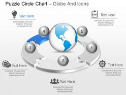 Five staged puzzle circle chart globe and icons ppt presentation slides