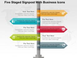 Five staged signpost with business icons flat powerpoint design