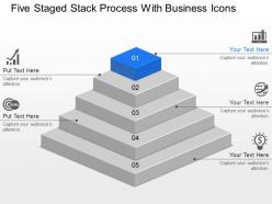 Five staged stack process with business icons powerpoint template slide