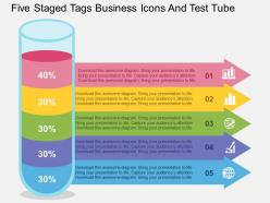 Five staged tags business icons and test tube flat powerpoint design