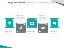 Five staged tags for global business communication flat powerpoint design
